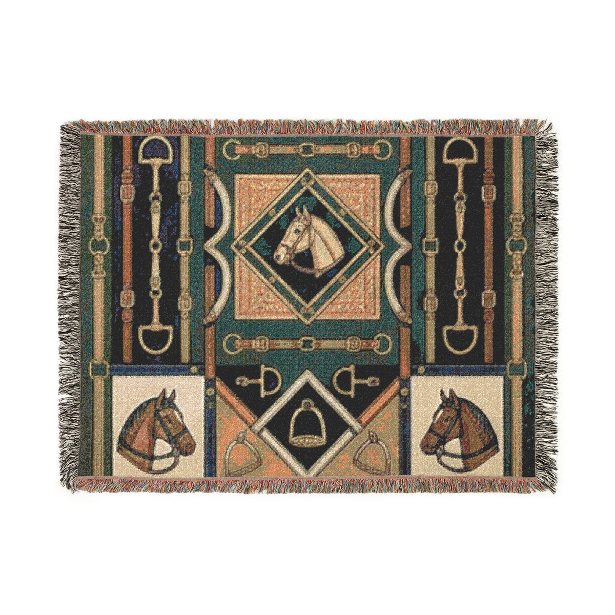 Equestrian Horse Bit Pattern Woven Blanket | Horse Head, Bridles, Stirrups