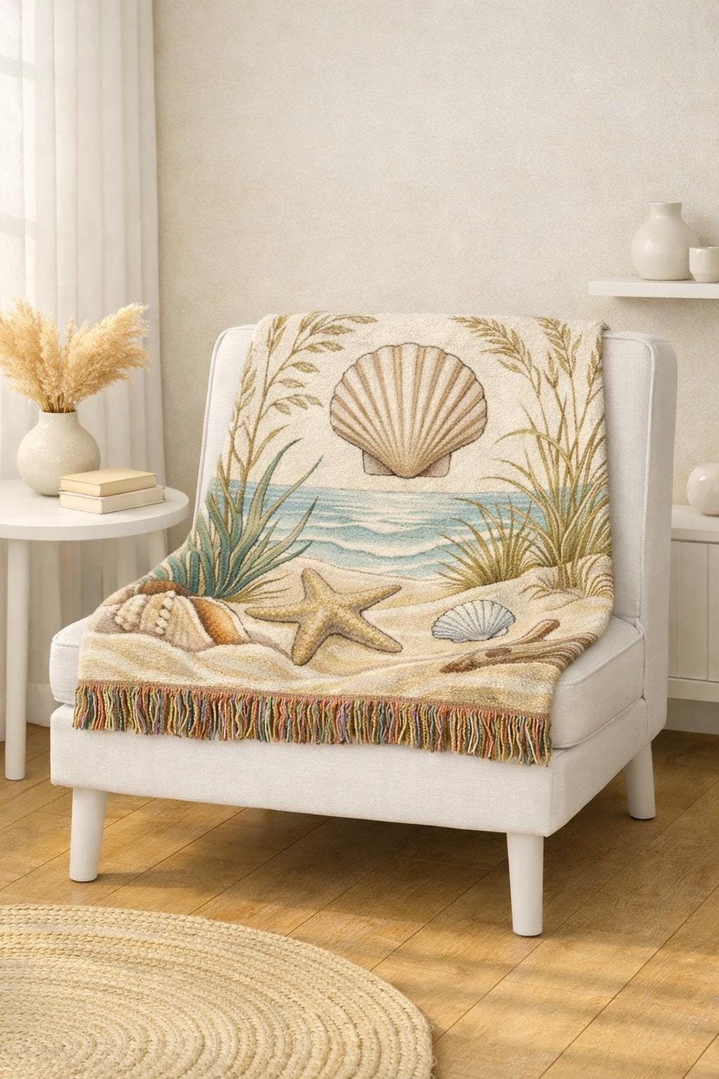 Seashell Beach Scene Woven Blanket | Coastal Ocean Tapestry Throw