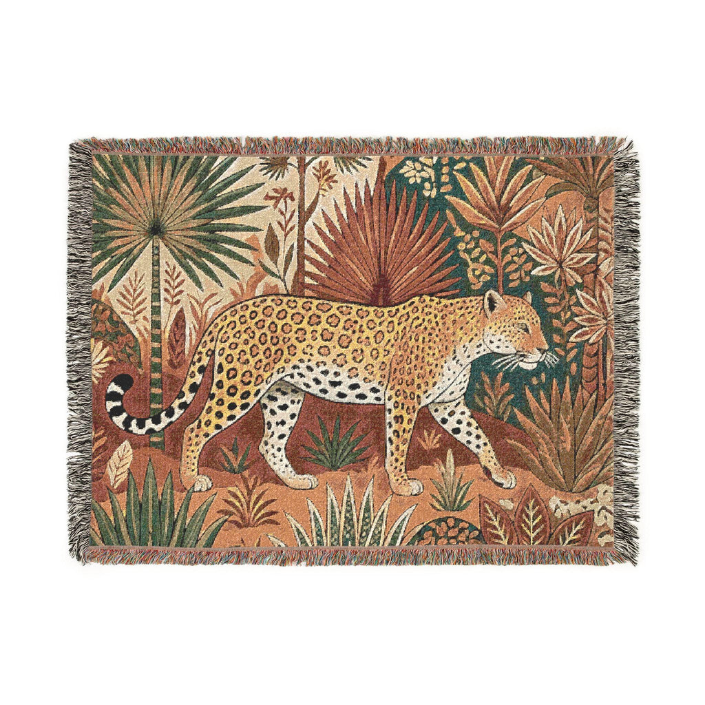 Leopard Tapestry Woven Blanket | Jungle Botanical Motif, Boho Throw