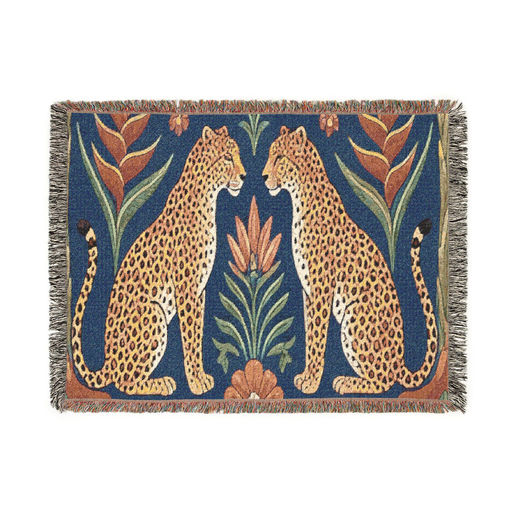 Two Sitting Leopards Woven Blanket | Botanical Motif, Tapestry Throw
