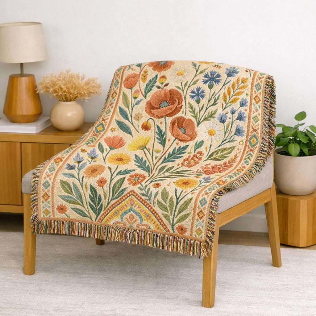 Vintage Floral Tapestry Woven Blanket | Boho Cottagecore Throw