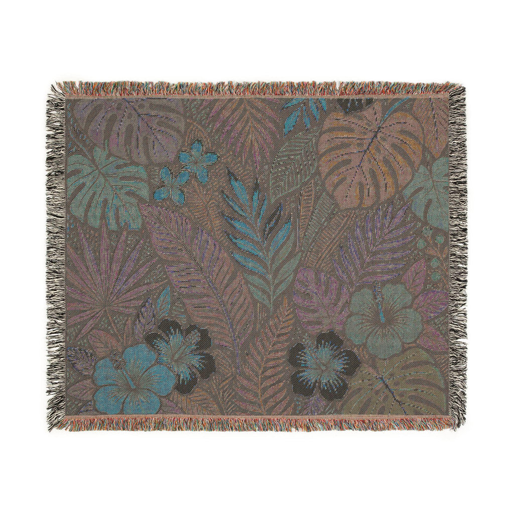Tropical Floral Woven Blanket | Botanical Leaves Hibiscus Throw
