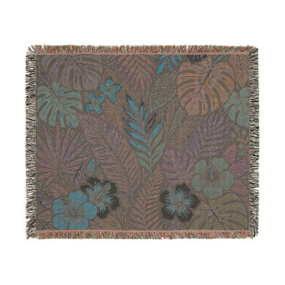 Tropical Floral Woven Blanket | Botanical Leaves Hibiscus Throw