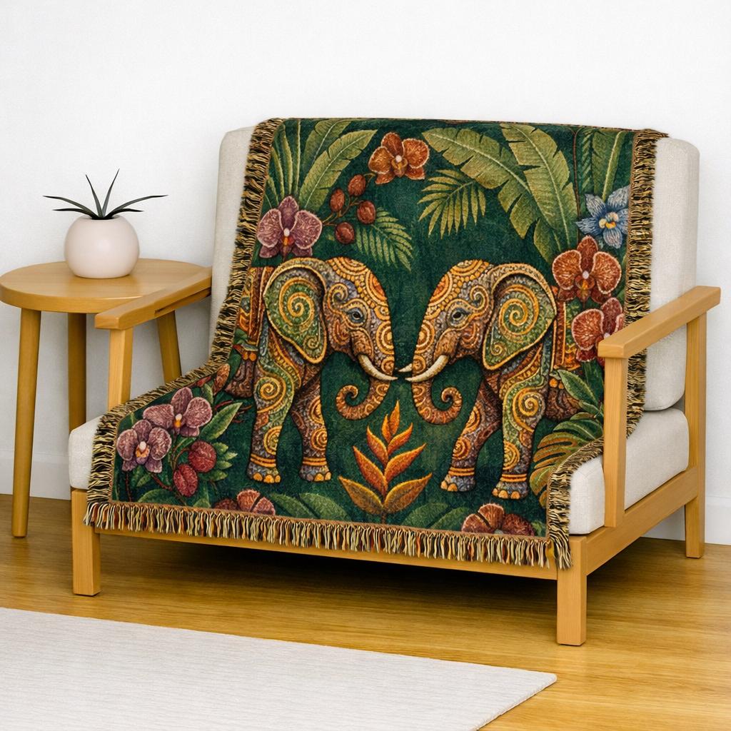 Tropical Elephant Tapestry Blanket | Woven Fringe Throw, Jungle Floral Pattern