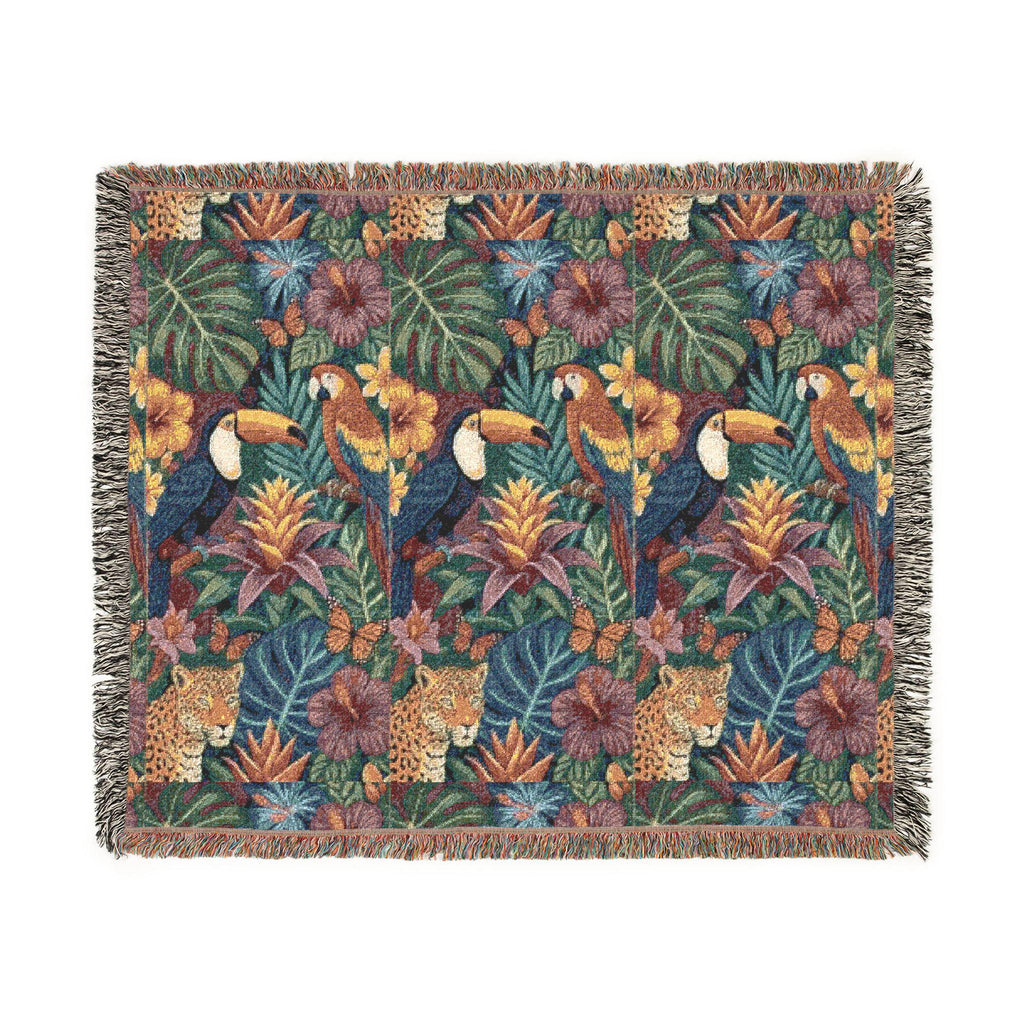 Tropical Toucan Floral Woven Blanket | Jungle Leaves Tapestry Throw