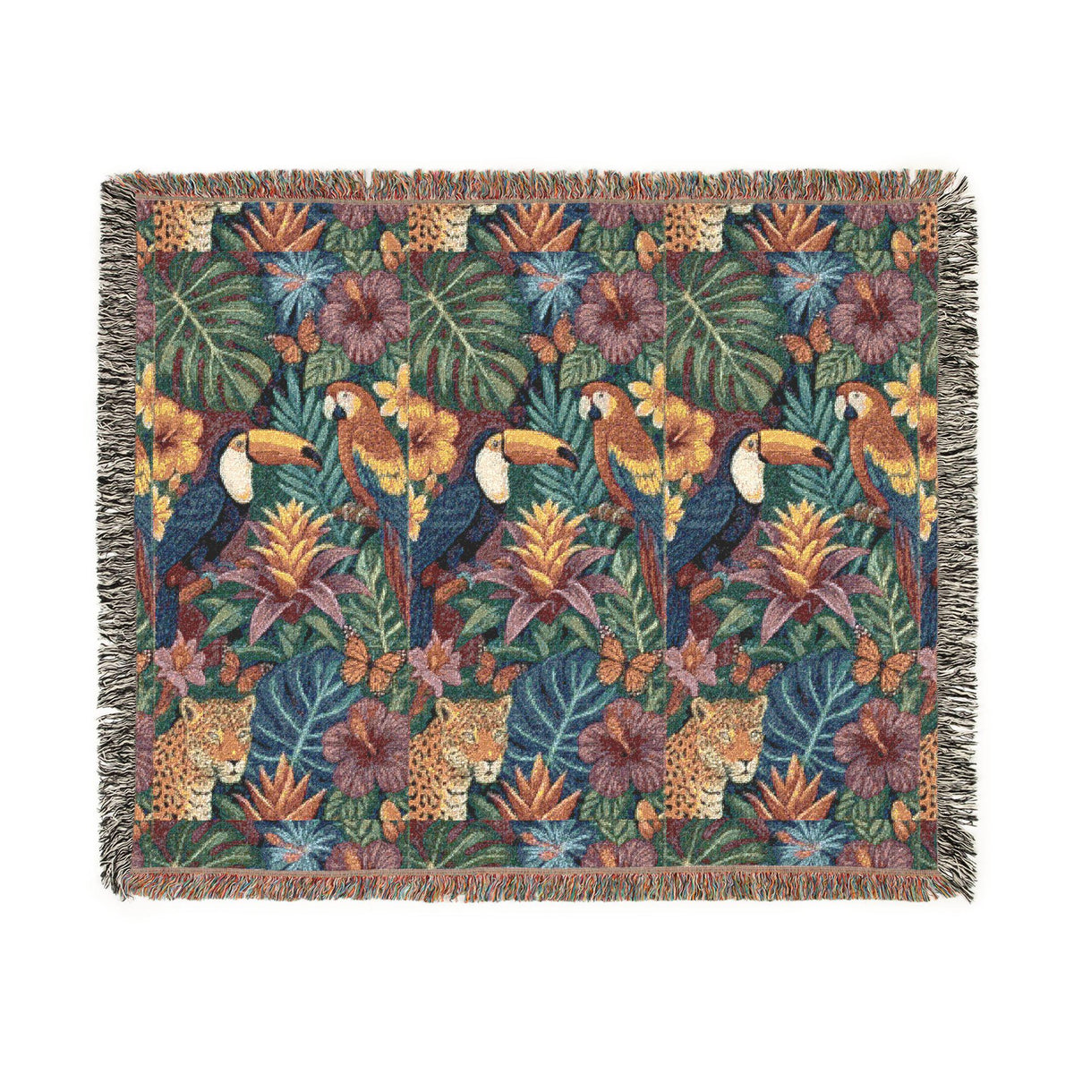 Tropical Toucan Floral Woven Blanket | Jungle Leaves Tapestry Throw