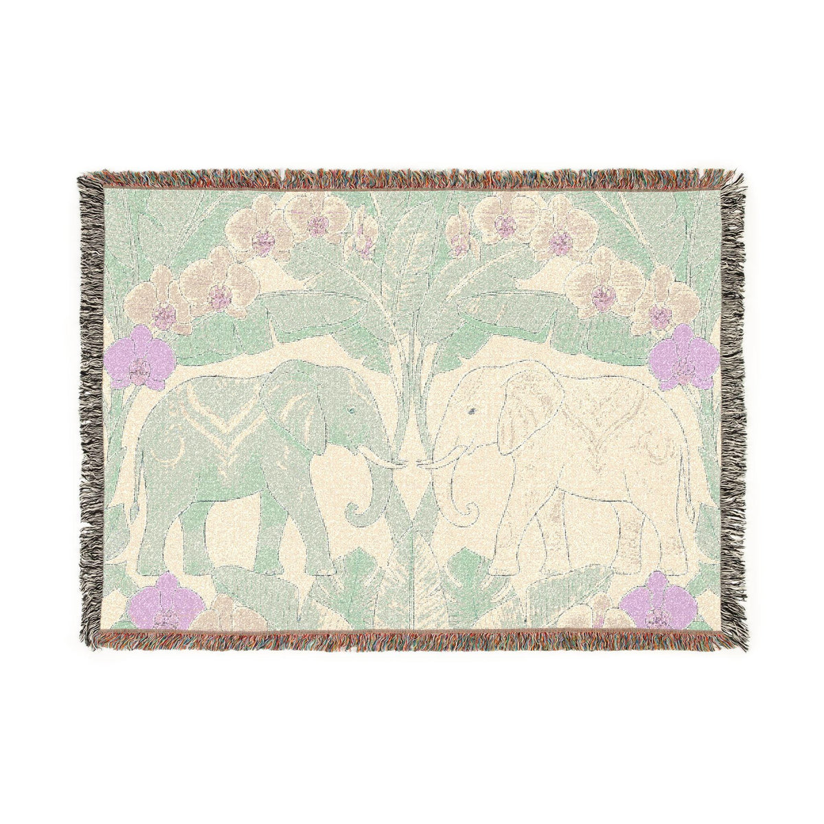 Art Nouveau Elephant Pattern Woven Blanket | Floral Tapestry Throw