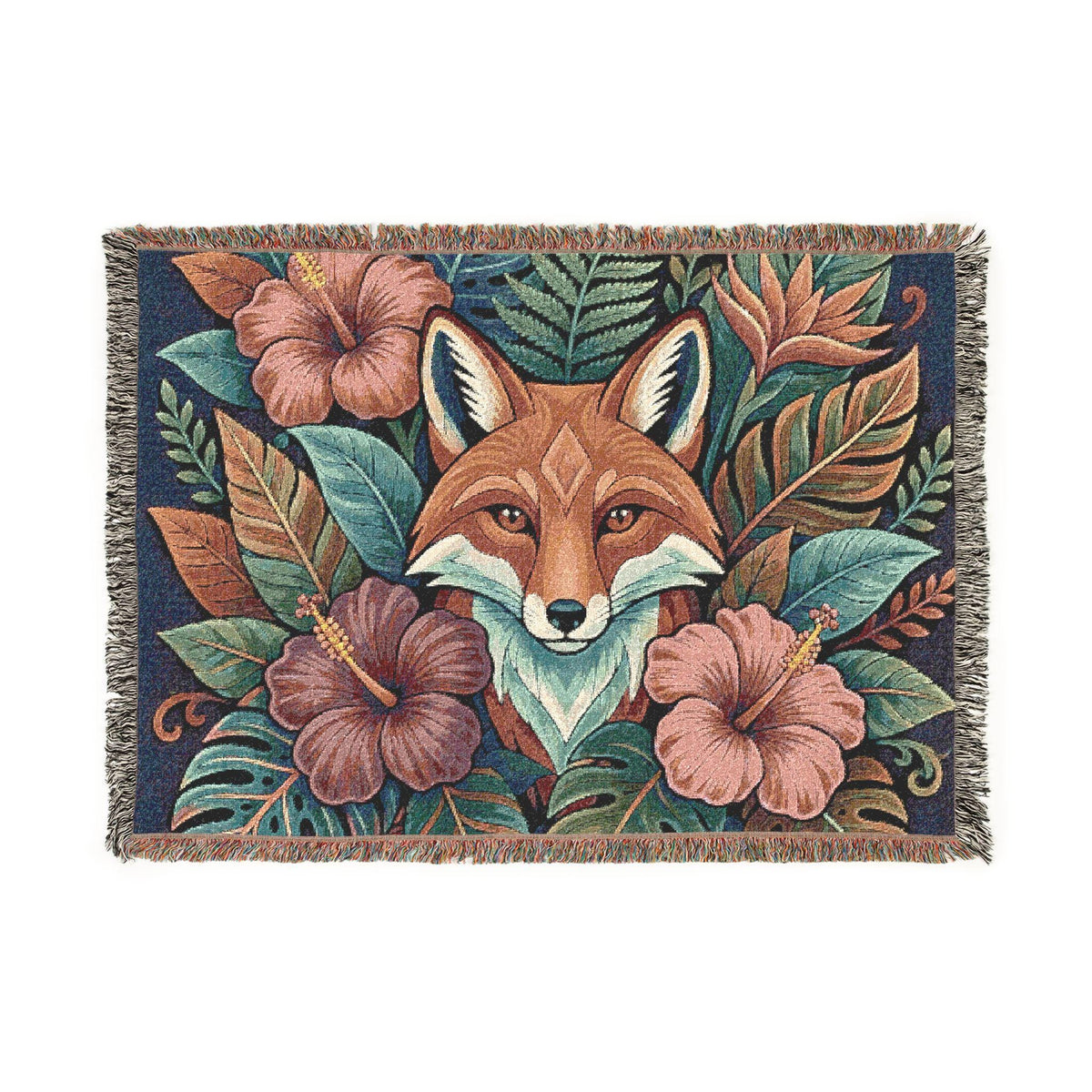Floral Fox Woven Blanket | Fox Face Tapestry Throw, Botanical Woodland Decor