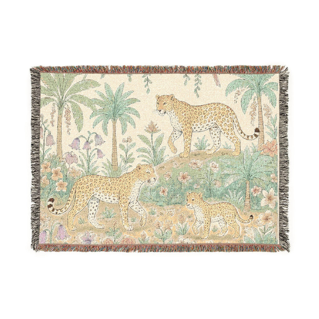 Jungle Leopard Tapestry Woven Blanket | Tropical Palm Animal Throw