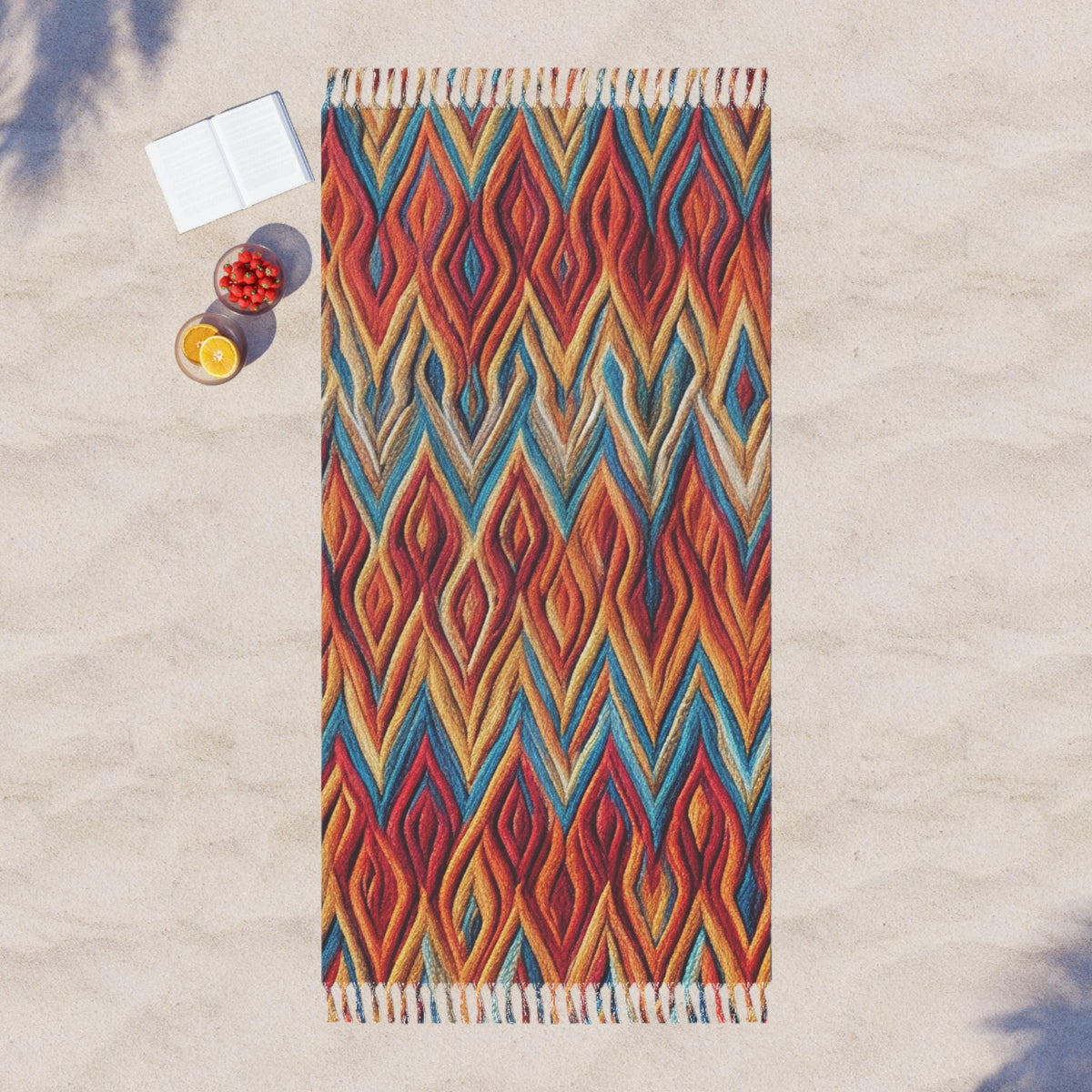 Woven Beach Towel | Ikat Pattern, Tassel Fringe, Polyester, Quick Dry