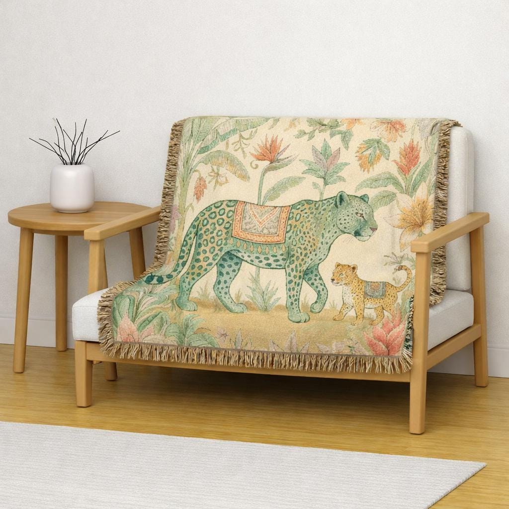 Leopard & Cub Floral Tapestry Woven Blanket | Boho Jungle Animal Throw