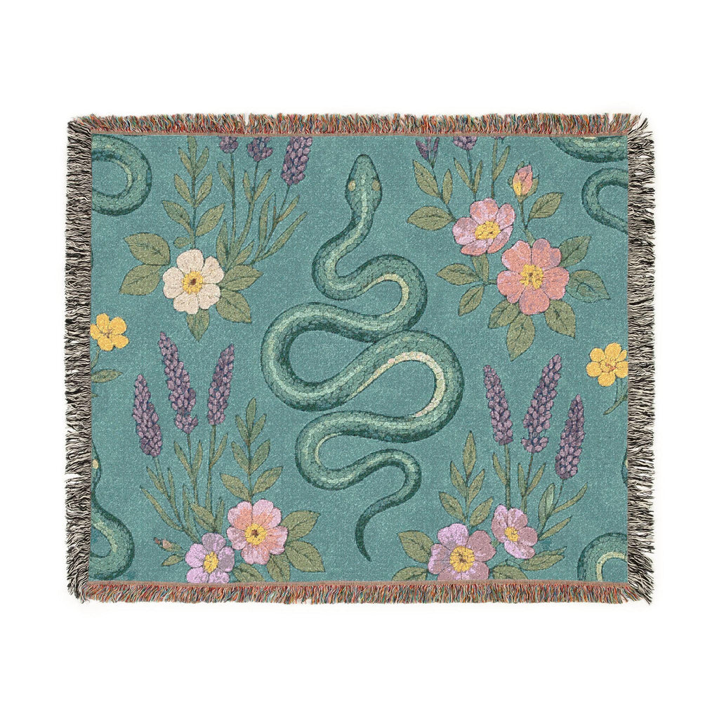 Floral Snake Illustration Blanket | Botanical Serpent Woven Throw