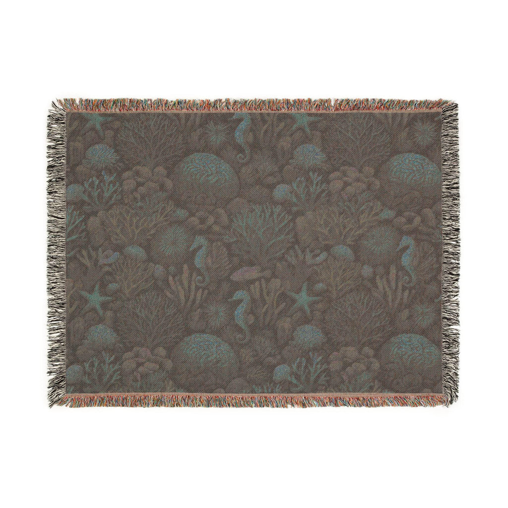 Underwater Coral Reef Woven Blanket | Seahorses, Starfish, Ocean Tapestry Throw