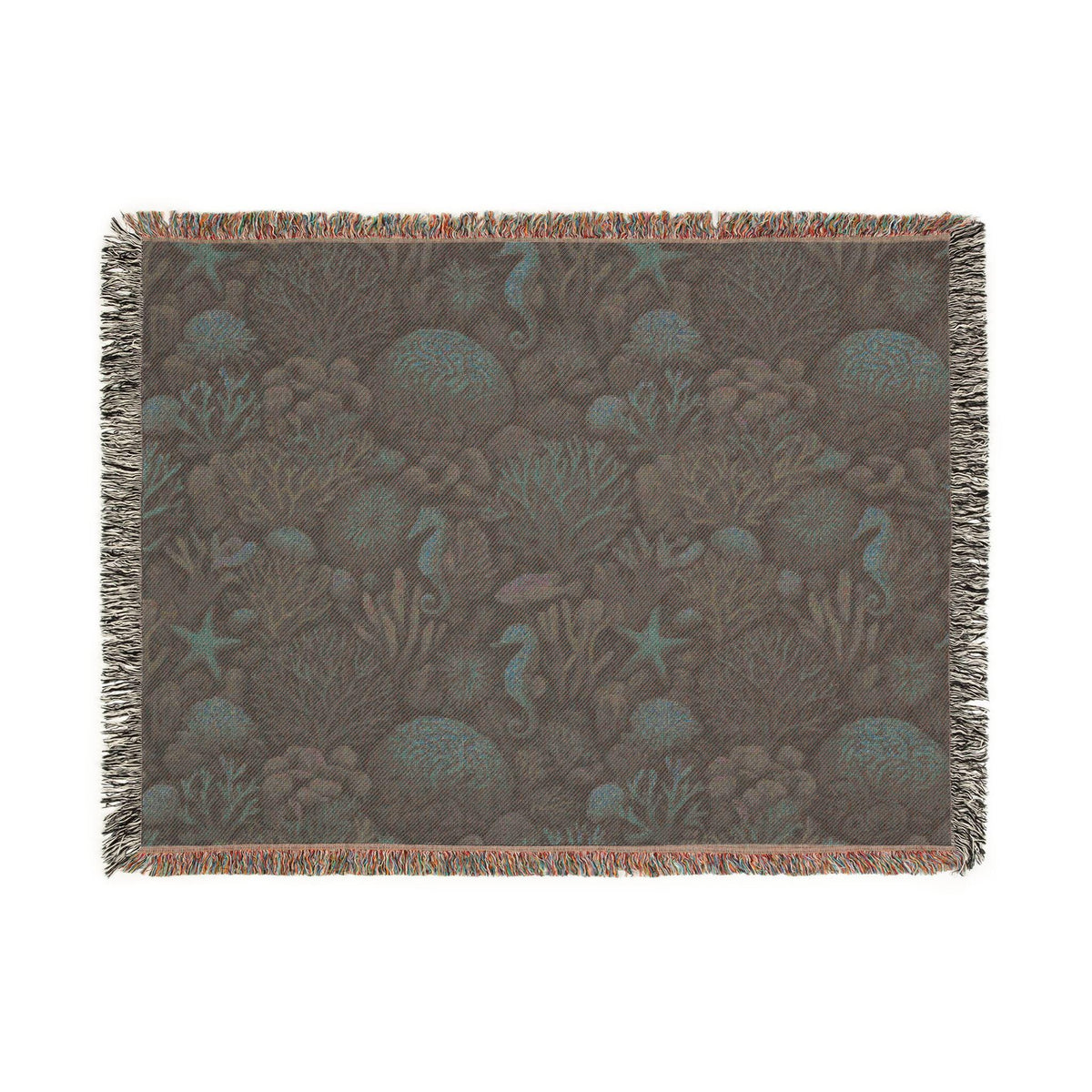 Underwater Coral Reef Woven Blanket | Seahorses, Starfish, Ocean Tapestry Throw