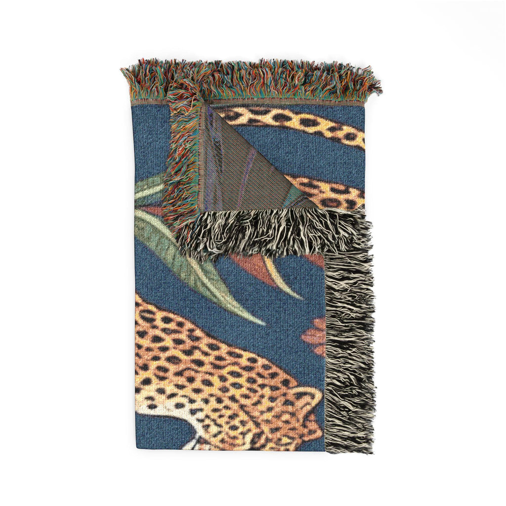 Two Sitting Leopards Woven Blanket | Botanical Motif, Tapestry Throw