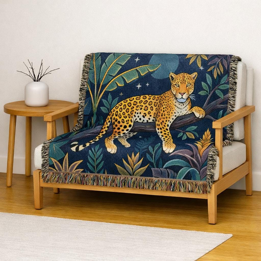 Leopard in Jungle Woven Blanket | Tapestry Throw, Nighttime Botanical Design