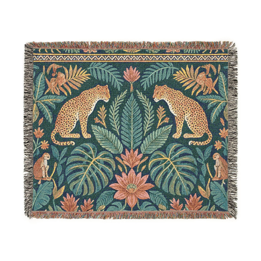Tropical Leopard Jungle Woven Blanket | Botanical Throw, Tapestry Style