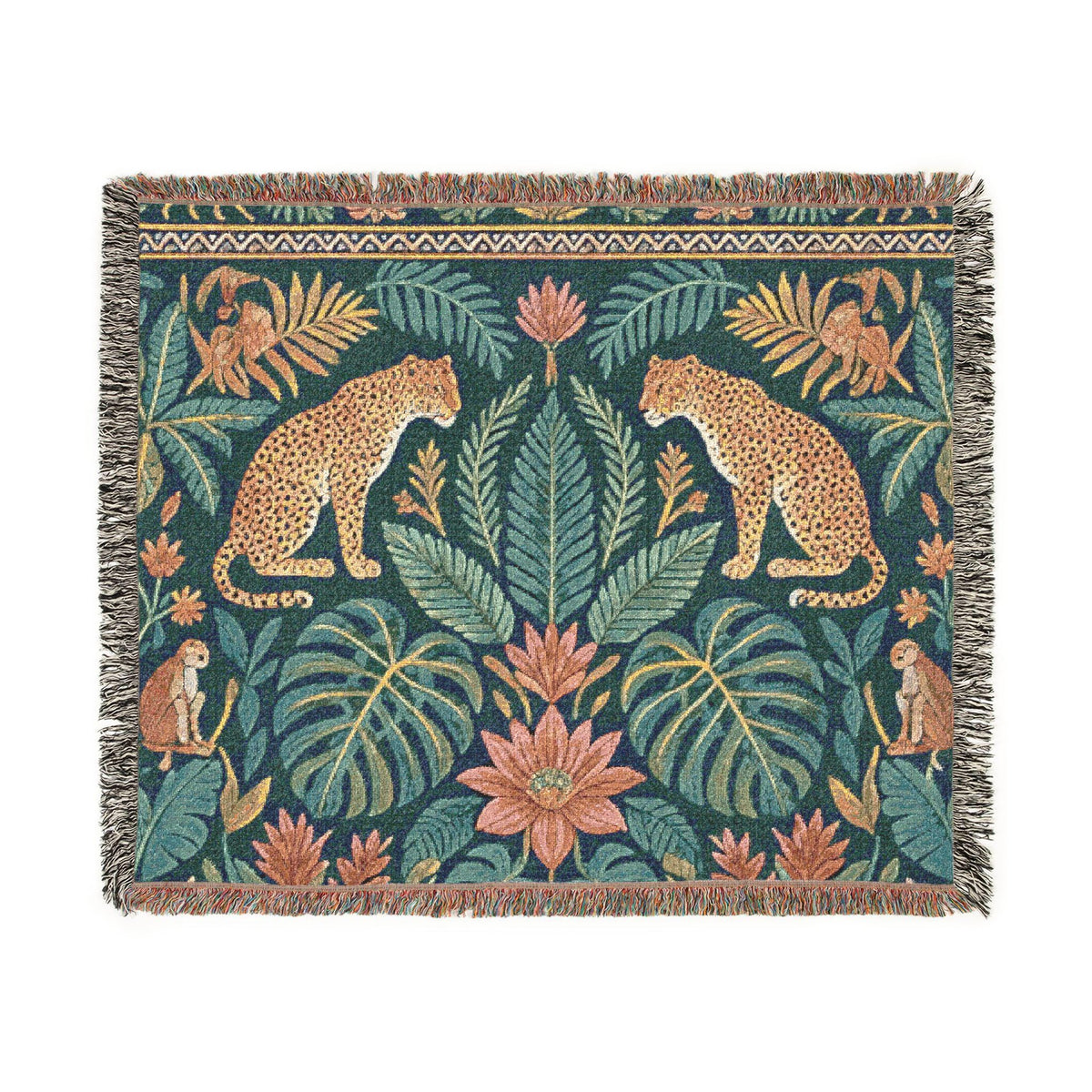 Tropical Leopard Jungle Woven Blanket | Botanical Throw, Tapestry Style