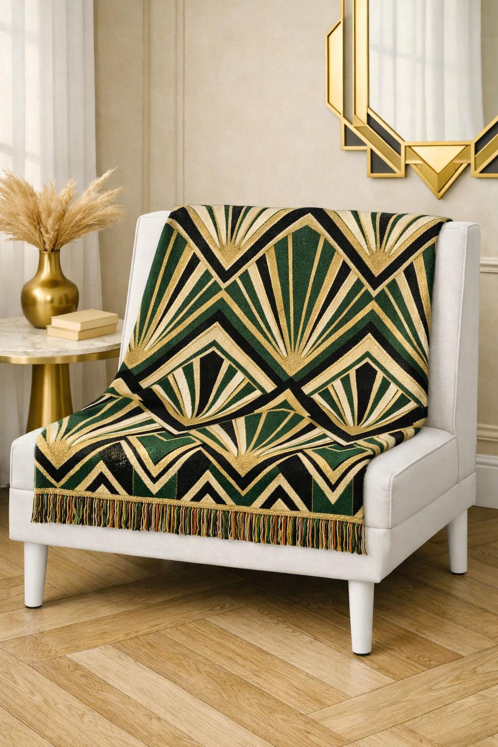 Art Deco Fan Pattern Woven Blanket | Geometric Throw, Retro Chevron Design