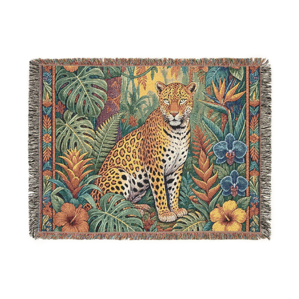 Jungle Leopard Woven Blanket | Tropical Animal Tapestry Throw
