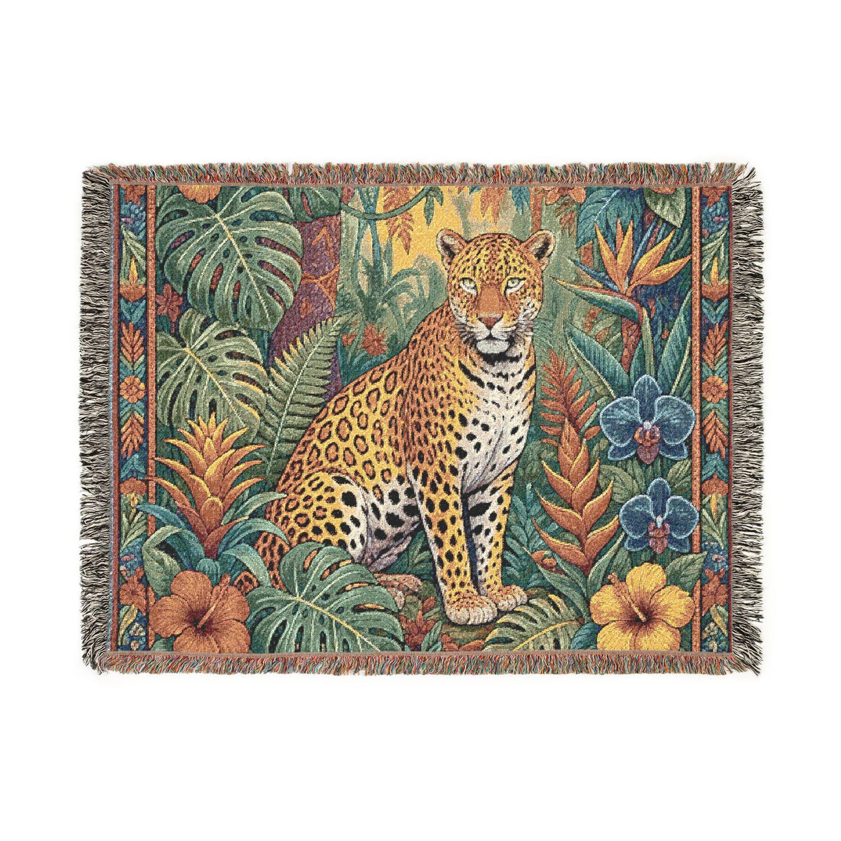 Jungle Leopard Woven Blanket | Tropical Animal Tapestry Throw