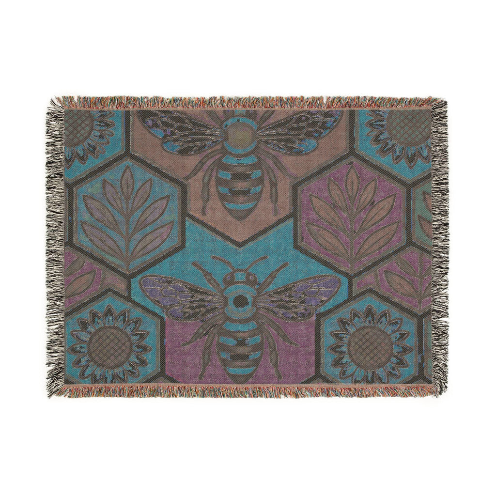 Bee and Sunflower Hexagon Woven Blanket | Honeybee Tapestry Throw