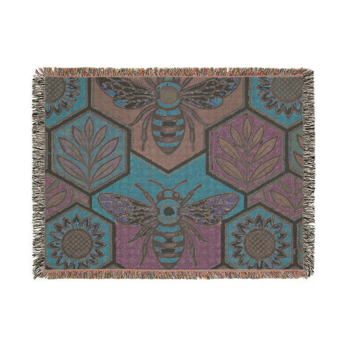 Bee and Sunflower Hexagon Woven Blanket | Honeybee Tapestry Throw