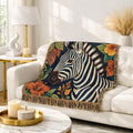 Zebra Illustration Woven Blanket | Botanical Leaves Tapestry Throw