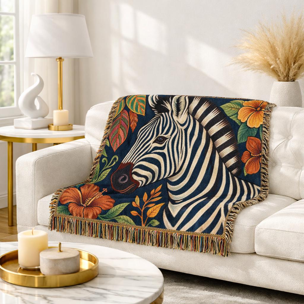 Zebra Illustration Woven Blanket | Botanical Leaves Tapestry Throw