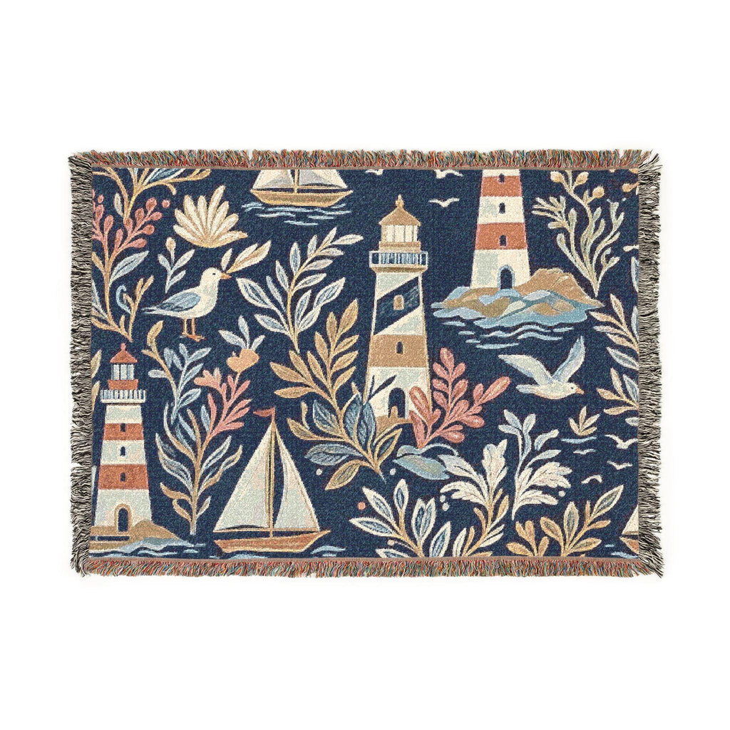 Nautical Lighthouse Sailboat Woven Blanket | Coastal Ocean Throw