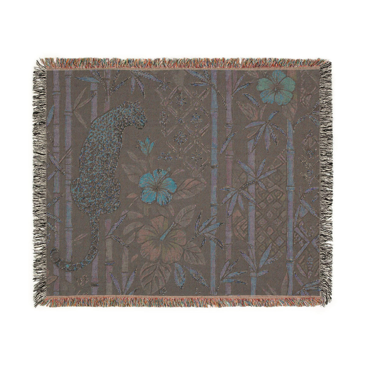 Golden Leopard Floral Woven Blanket | Tropical Bamboo Throw