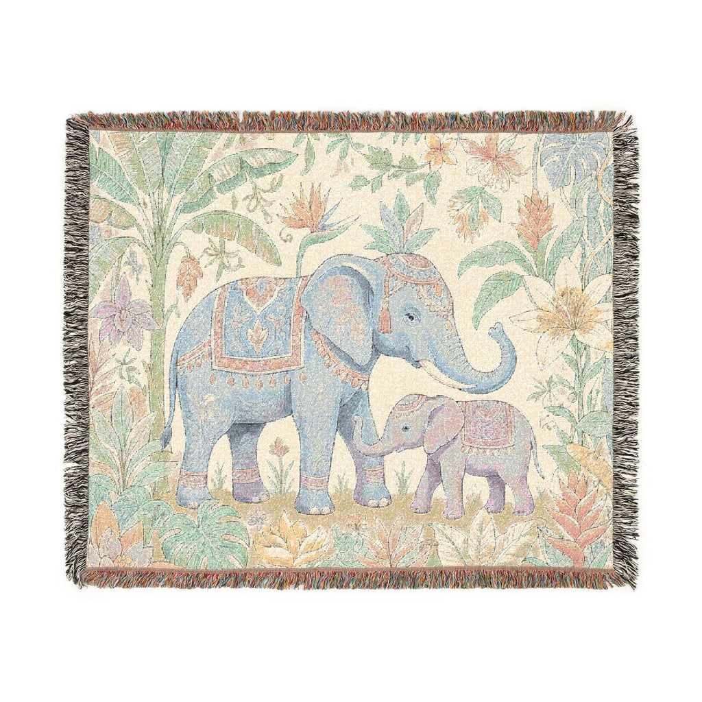 Boho Elephant Family Woven Blanket | Tapestry Throw, Jungle Floral