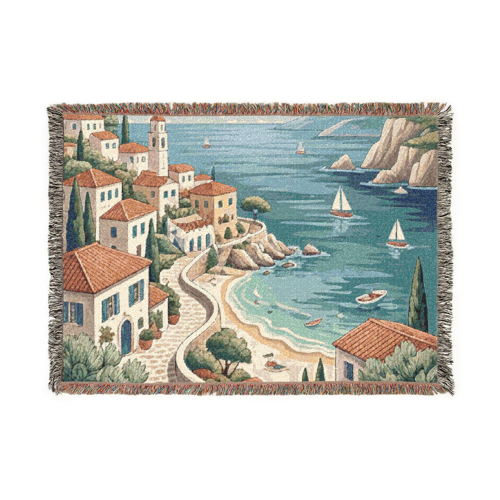 Mediterranean Coastal Village Woven Blanket | Seaside Tapestry Throw
