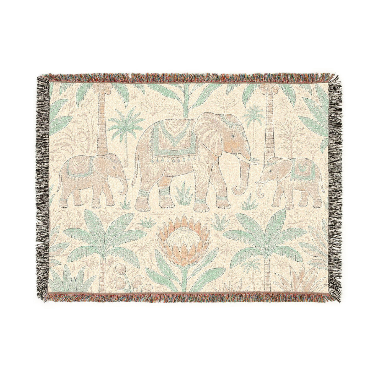 Boho Elephant Family Woven Blanket | Tropical Palm Tapestry Throw