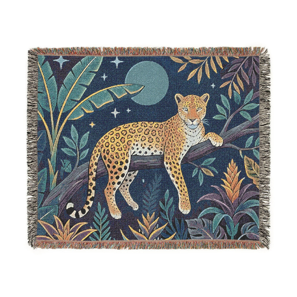 Leopard in Jungle Woven Blanket | Tapestry Throw, Nighttime Botanical Design