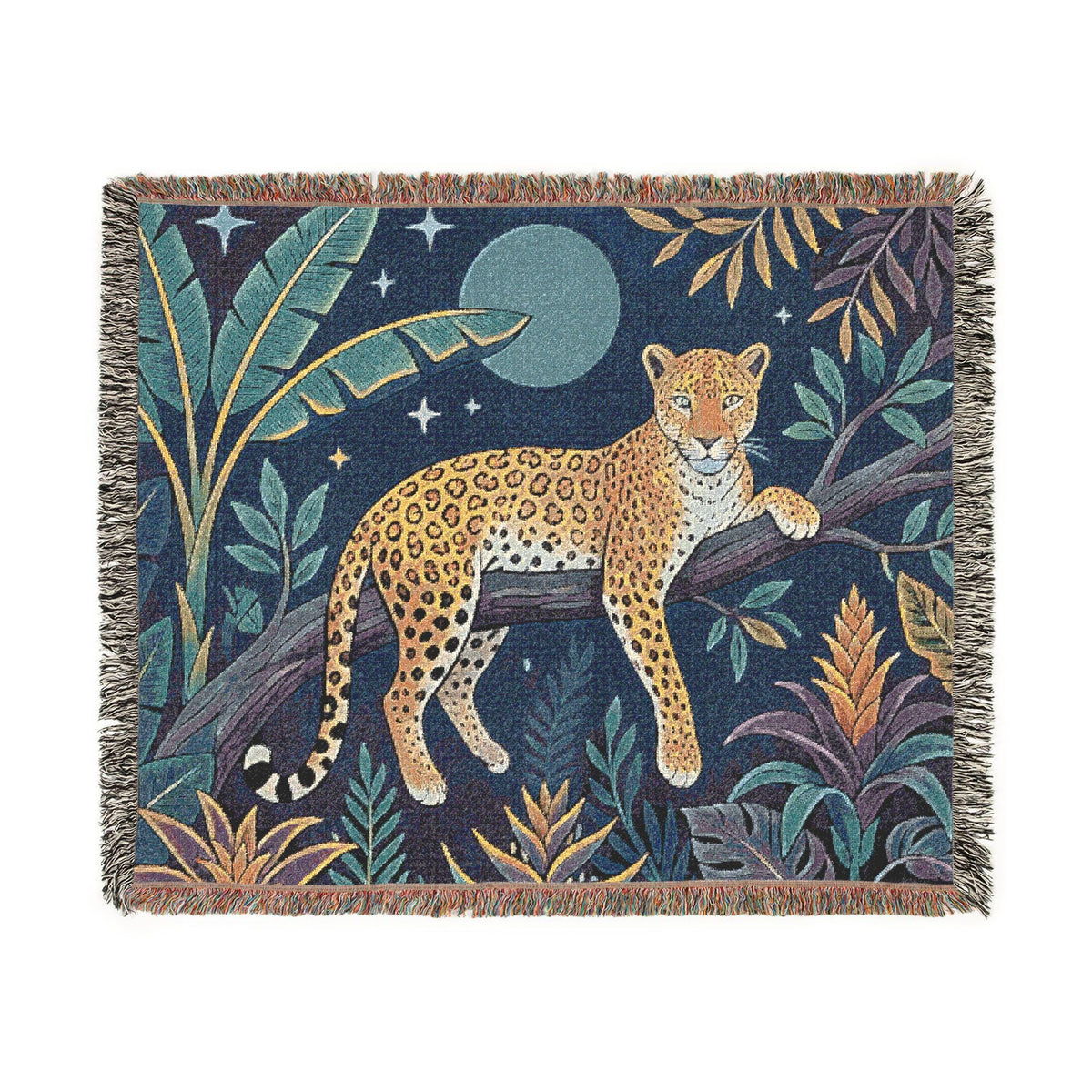 Leopard in Jungle Woven Blanket | Tapestry Throw, Nighttime Botanical Design