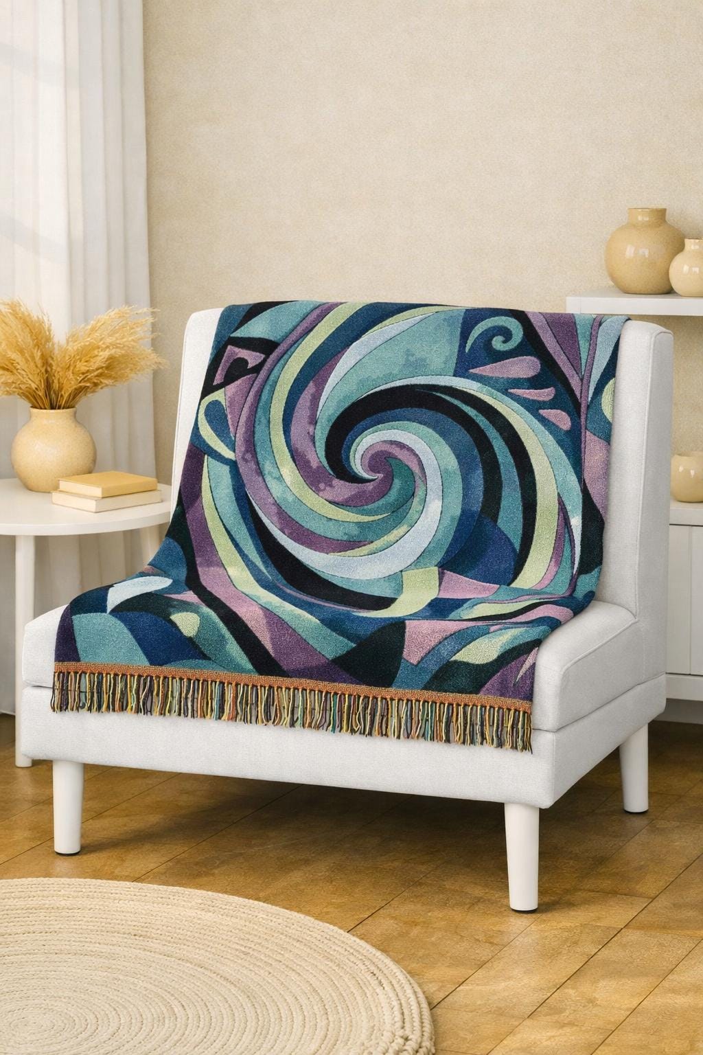 Swirling Abstract Spiral Woven Blanket | Geometric Mosaic Throw