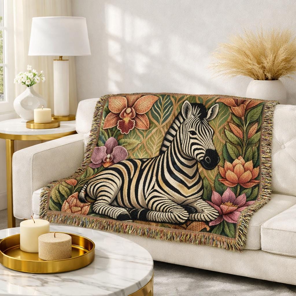 Zebra Floral Woven Blanket | Boho Safari Animal Throw