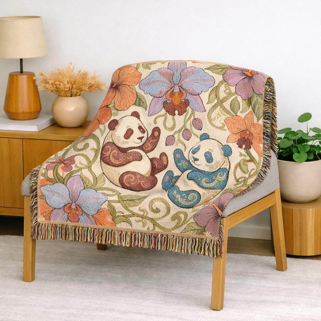 Tropical Panda Bear Woven Blanket I Animal Throw