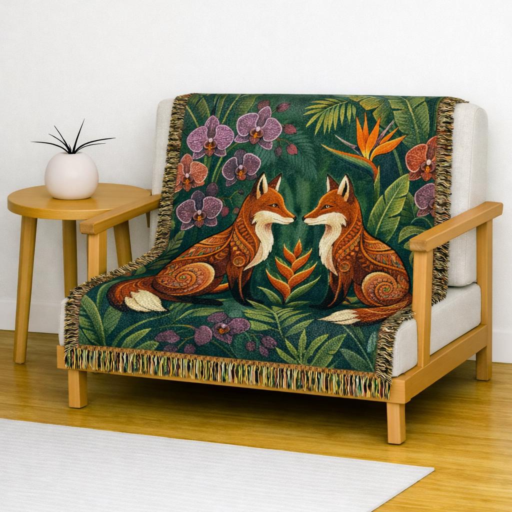 Folk Foxes Woven Blanket | Botanical Tapestry Throw, Floral Woodland Decor