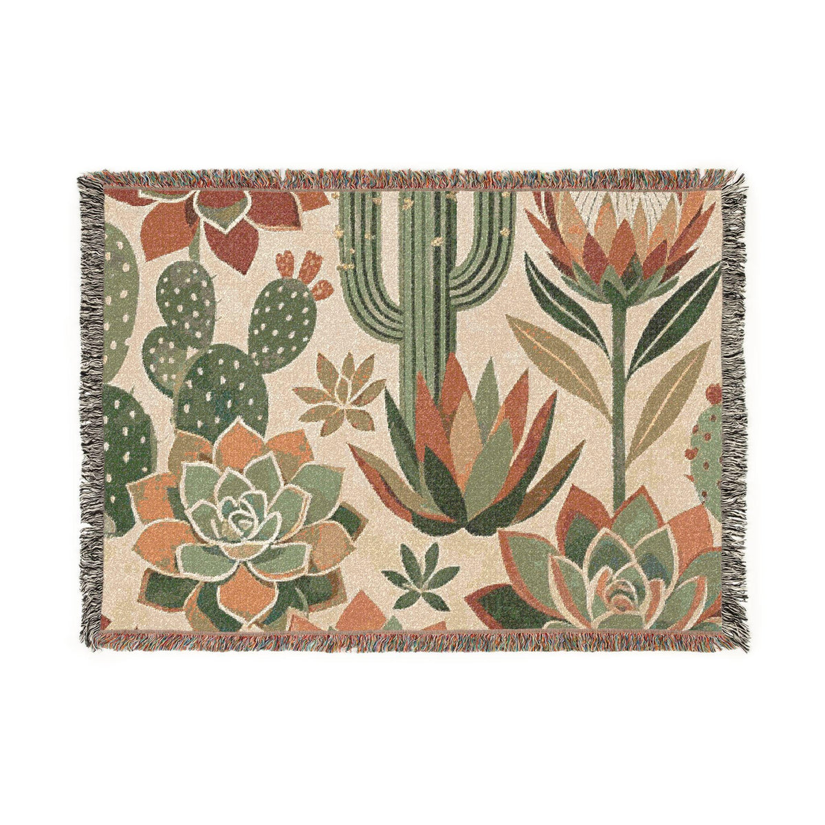 Southwestern Cactus Succulent Woven Blanket, Desert Botanical Throw, 100% Cotton Fabric