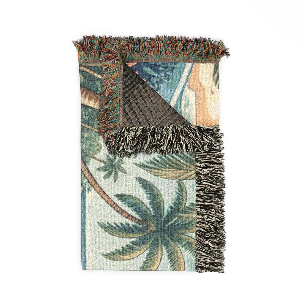 Tropical Beach Scene Woven Blanket | Ocean, Palm Trees, Coral Reef