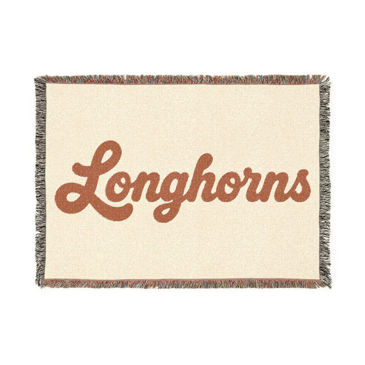 Longhorns script Woven Blanket | fringed throw, retro cowhide colors