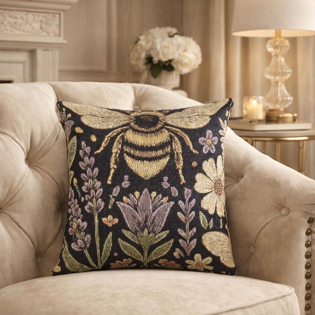 Bee and Wildflower Woven Pillow | Floral Garden Tapestry Cushion