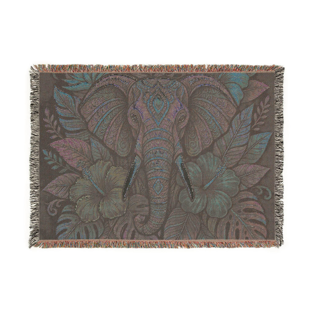 Colorful Boho Elephant Woven Blanket | Floral Tribal Elephant Throw