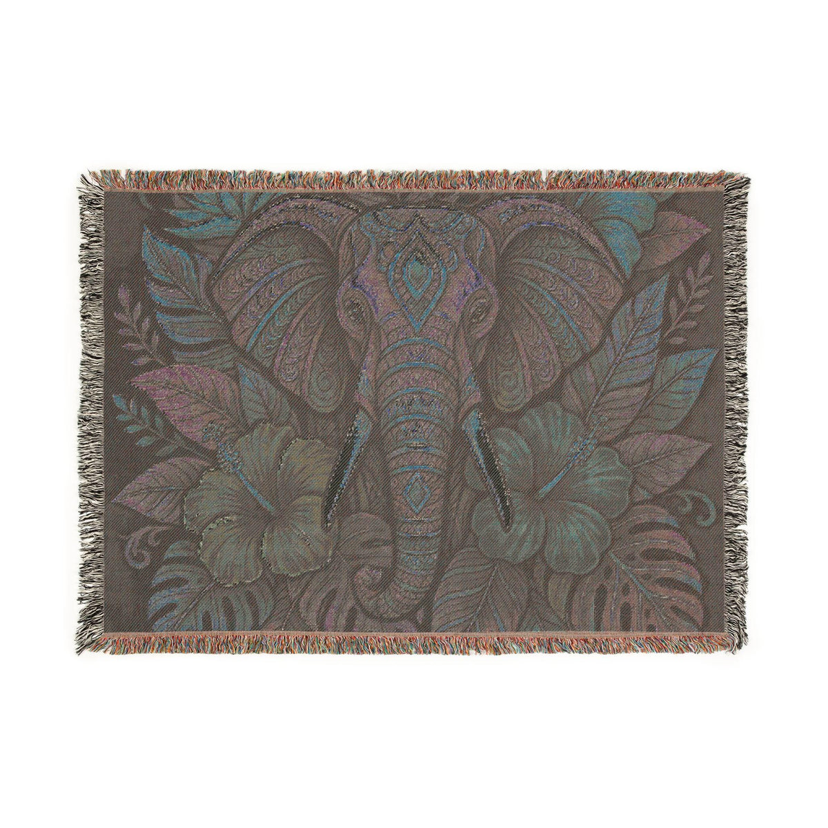 Colorful Boho Elephant Woven Blanket | Floral Tribal Elephant Throw