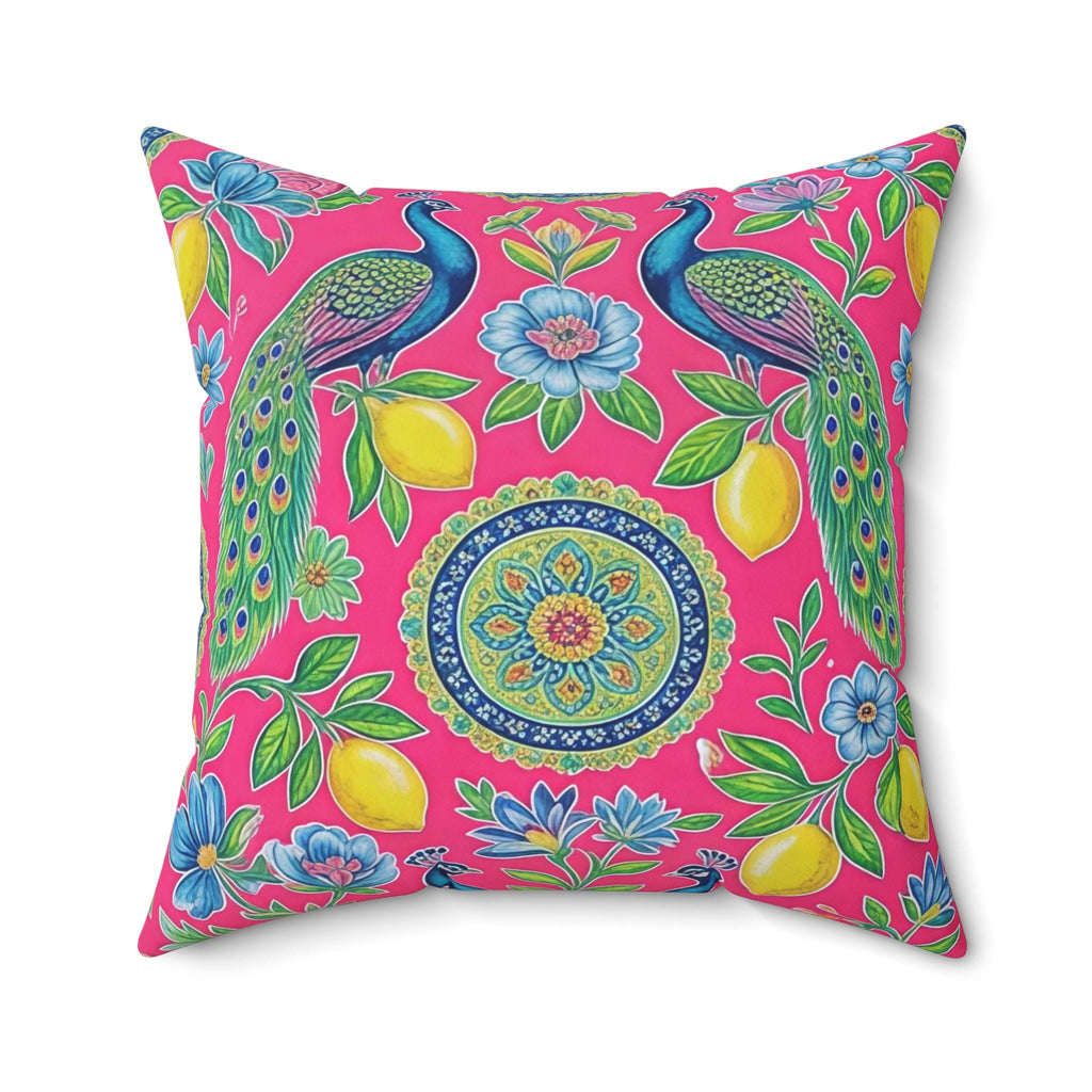 Peacock Lemon Floral Pillow | Bright Pink Decorative Throw Pillow