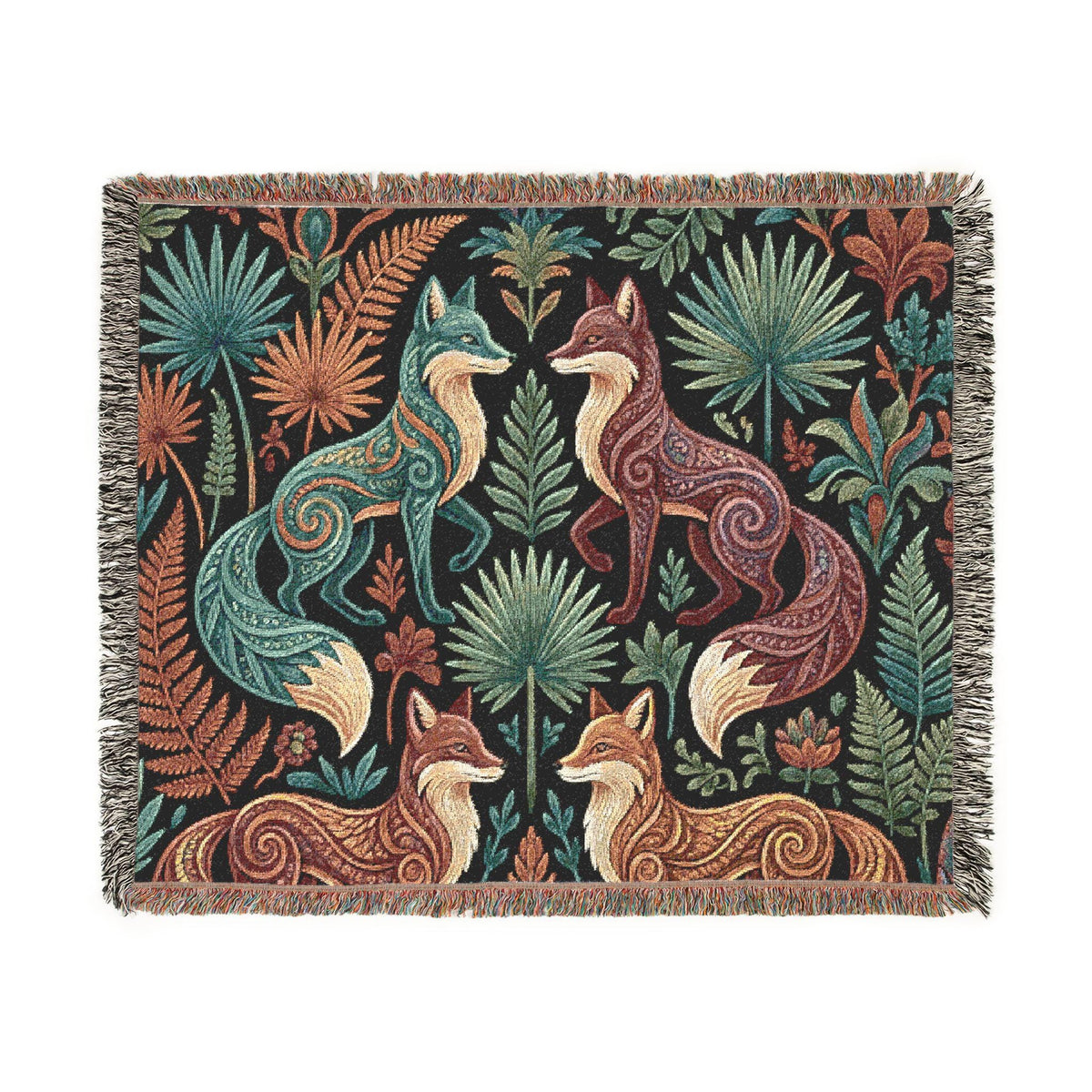 Folk Art Foxes Woven Blanket | Decorative Tapestry Throw, Nature Pattern
