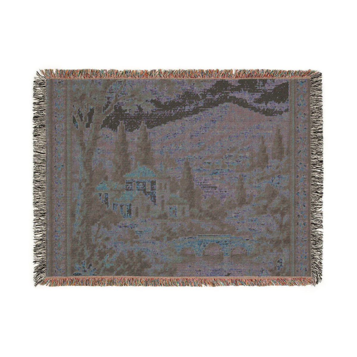 Vintage Cottage Landscape Woven Blanket | Scenic Tapestry Throw