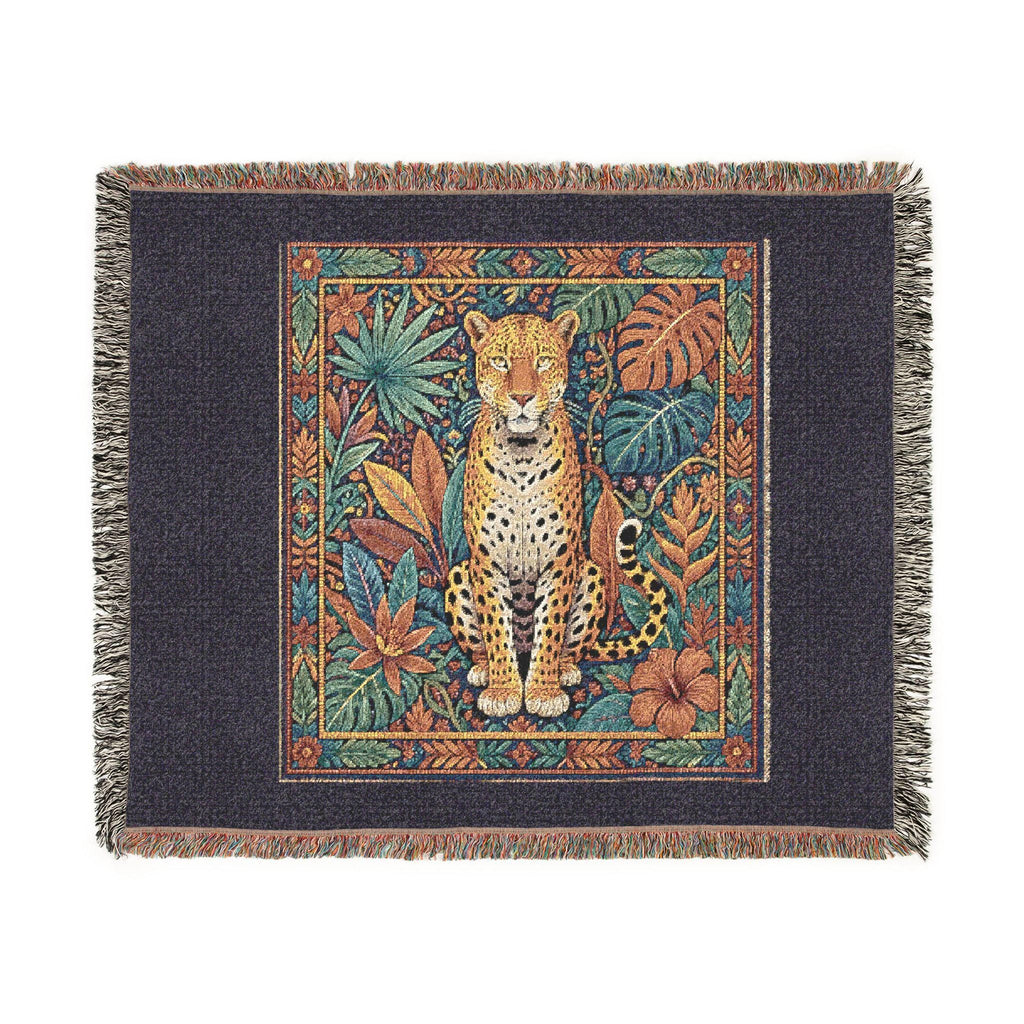 Vintage Mosaic Cheetah Woven Blanket | Jungle Leaves Tapestry Throw